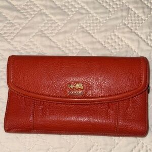 Coach Orange Pebbled Leather Wallet with Gold Logo